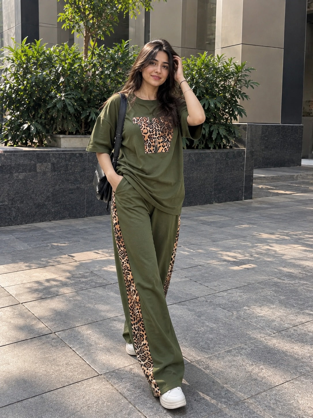 Olive Green Leopard Edge Co-ord Set